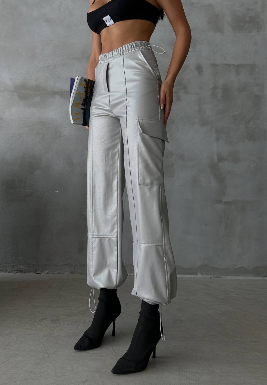 Silver leather cargo pants