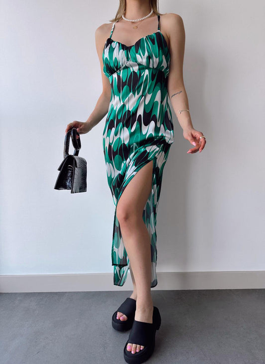 Green/Black/White Long Dress